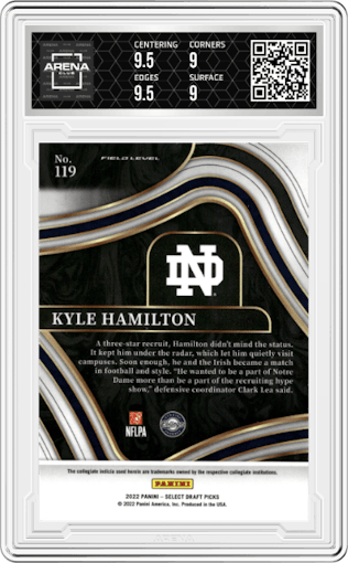 Kyle Hamilton from the 2022 Panini Select Draft Picks set graded by Arena Club and given an overall grade of 9.5.