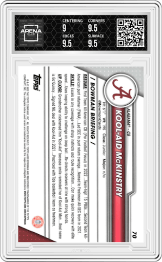 Kool-Aid McKinstry from the 2023 Bowman Chrome University set graded by Arena Club and given an overall grade of 9.5.