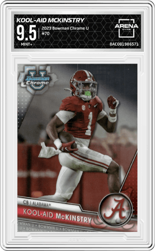 Kool-Aid McKinstry from the 2023 Bowman Chrome University set graded by Arena Club and given an overall grade of 9.5.