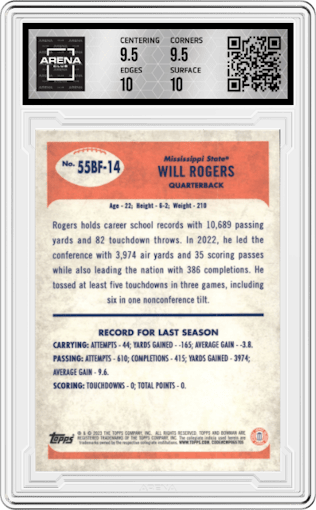 Will Rogers from the 2023 Bowman Chrome University set graded by Arena Club and given an overall grade of 10.