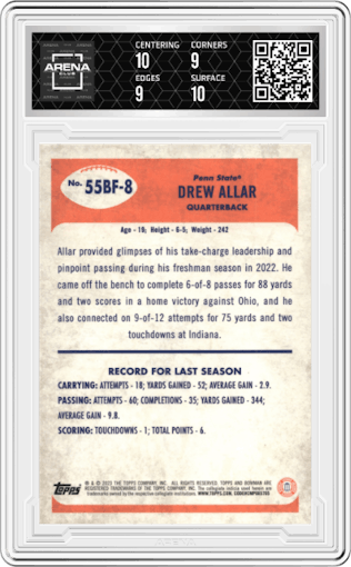 Drew Allar from the 2023 Bowman Chrome University set graded by Arena Club and given an overall grade of 9.5.