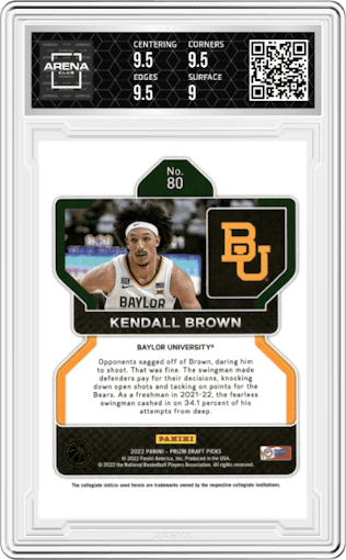 Kendall Brown from the 2022-23 Panini Prizm Draft Picks set graded by Arena Club and given an overall grade of 9.5.
