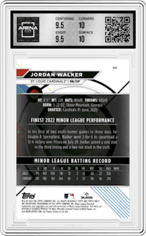Jordan Walker from the 2023 Topps Finest set featuring a Blue Refractor parallel graded by Arena Club and given an overall grade of 10.