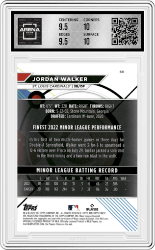 Jordan Walker from the 2023 Topps Finest set featuring a Blue Refractor parallel graded by Arena Club and given an overall grade of 10.