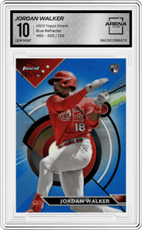 Jordan Walker from the 2023 Topps Finest set featuring a Blue Refractor parallel graded by Arena Club and given an overall grade of 10.