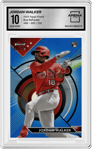 Jordan Walker from the 2023 Topps Finest set featuring a Blue Refractor parallel graded by Arena Club and given an overall grade of 10.