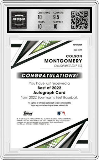 Colson Montgomery from the 2022 Bowman’s Best   set featuring a Refractor  parallel graded by Arena Club and given an overall grade of 10.
