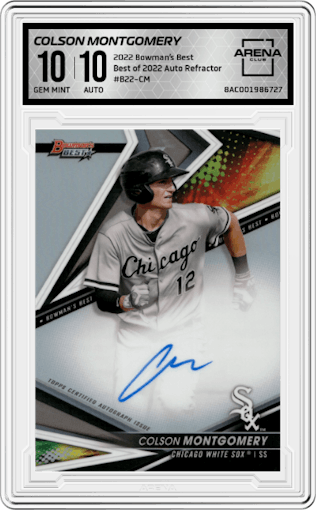 Colson Montgomery from the 2022 Bowman’s Best   set featuring a Refractor  parallel graded by Arena Club and given an overall grade of 10.