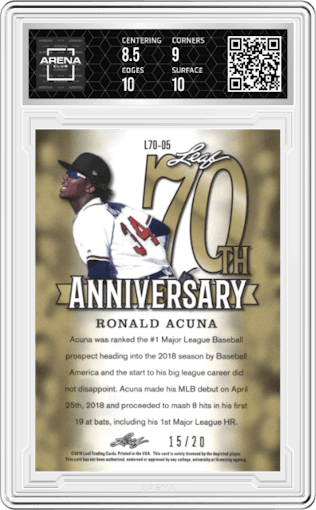 Ronald Acuna from the 2018 Leaf 70th Anniversary set featuring a Pink parallel graded by Arena Club and given an overall grade of 9.