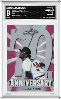 Ronald Acuna from the 2018 Leaf 70th Anniversary set featuring a Pink parallel graded by Arena Club and given an overall grade of 9.