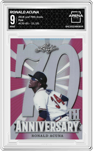 Ronald Acuna from the 2018 Leaf 70th Anniversary set featuring a Pink parallel graded by Arena Club and given an overall grade of 9.
