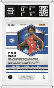 Tyrese Maxey from the 2020-21 Panini Mosaic set featuring a Reactive Yellow parallel graded by Arena Club and given an overall grade of 9.5.