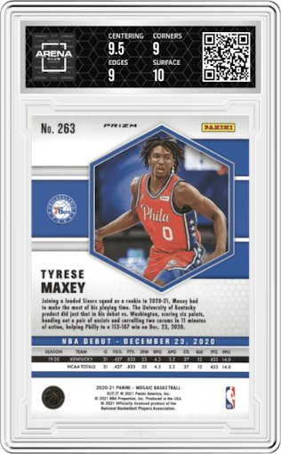 Tyrese Maxey from the 2020-21 Panini Mosaic set featuring a Reactive Yellow parallel graded by Arena Club and given an overall grade of 9.5.