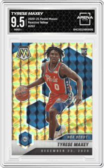 Tyrese Maxey from the 2020-21 Panini Mosaic set featuring a Reactive Yellow parallel graded by Arena Club and given an overall grade of 9.5.