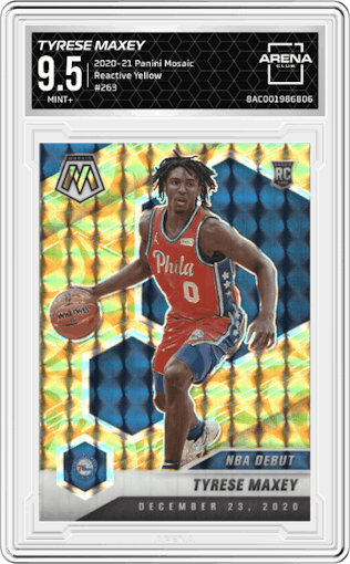 Tyrese Maxey from the 2020-21 Panini Mosaic set featuring a Reactive Yellow parallel graded by Arena Club and given an overall grade of 9.5.