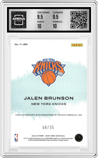Jalen Brunson from the 2022-23 Panini Court Kings set featuring a Violet parallel graded by Arena Club and given an overall grade of 10.