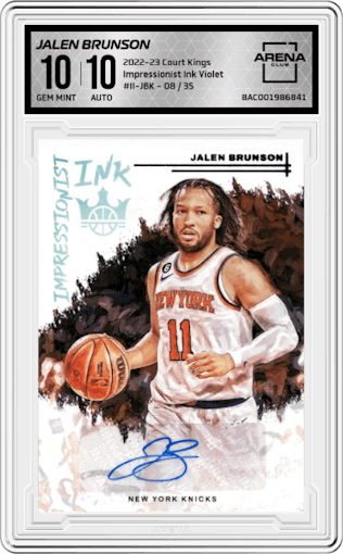 Jalen Brunson from the 2022-23 Panini Court Kings set featuring a Violet parallel graded by Arena Club and given an overall grade of 10.