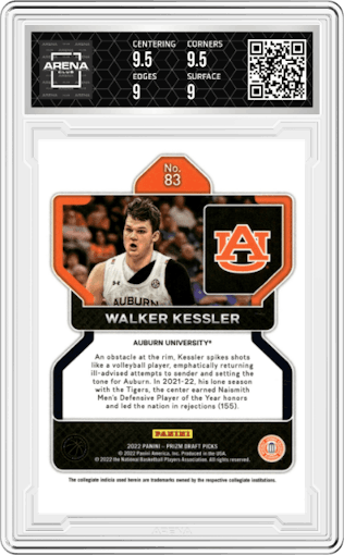 Walker Kessler from the 2022-23 Panini Prizm Draft Picks set graded by Arena Club and given an overall grade of 9.5.