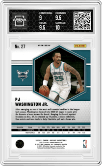 PJ Washington Jr. from the 2020-21 Panini Mosaic set featuring a Pink Camo parallel graded by Arena Club and given an overall grade of 9.5.