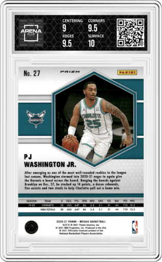 PJ Washington Jr. from the 2020-21 Panini Mosaic set featuring a Pink Camo parallel graded by Arena Club and given an overall grade of 9.5.