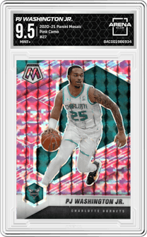 PJ Washington Jr. from the 2020-21 Panini Mosaic set featuring a Pink Camo parallel graded by Arena Club and given an overall grade of 9.5.