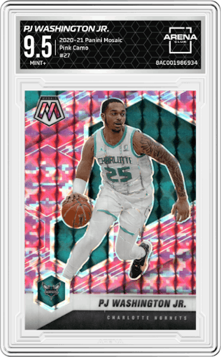 PJ Washington Jr. from the 2020-21 Panini Mosaic set featuring a Pink Camo parallel graded by Arena Club and given an overall grade of 9.5.