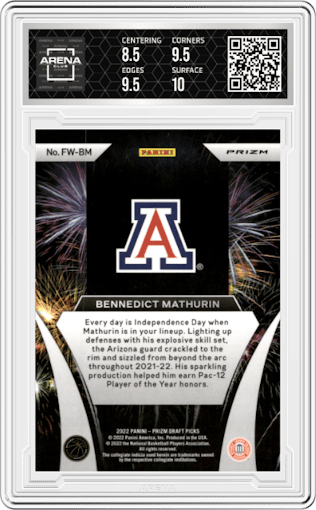 Bennedict Mathurin from the 2022-23 Panini Prizm Draft Picks set featuring a Silver Prizm parallel graded by Arena Club and given an overall grade of 9.