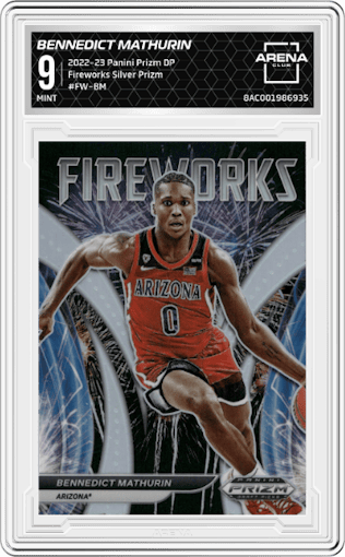 Bennedict Mathurin from the 2022-23 Panini Prizm Draft Picks set featuring a Silver Prizm parallel graded by Arena Club and given an overall grade of 9.
