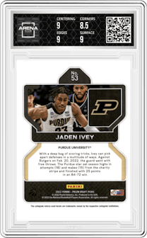 Jaden Ivey from the 2022-23 Panini Prizm Draft Picks set graded by Arena Club and given an overall grade of 9.