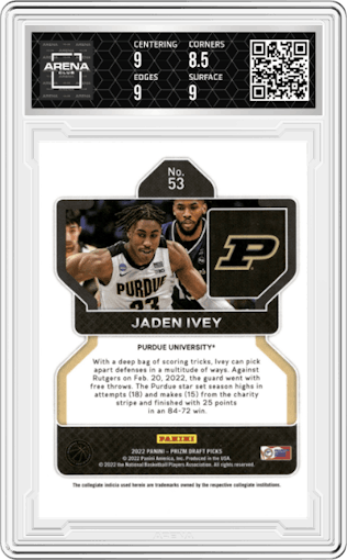 Jaden Ivey from the 2022-23 Panini Prizm Draft Picks set graded by Arena Club and given an overall grade of 9.