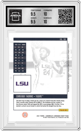 Cameron Thomas from the 2021-22 Panini Chronicles Draft Picks set graded by Arena Club and given an overall grade of 10.