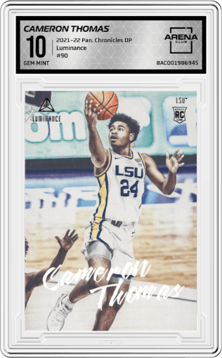 Cameron Thomas from the 2021-22 Panini Chronicles Draft Picks set graded by Arena Club and given an overall grade of 10.