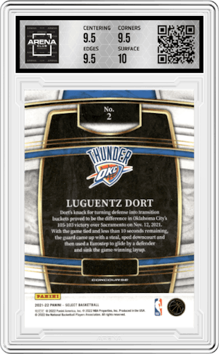 Luguentz Dort from the 2021-22 Panini Select set graded by Arena Club and given an overall grade of 10.