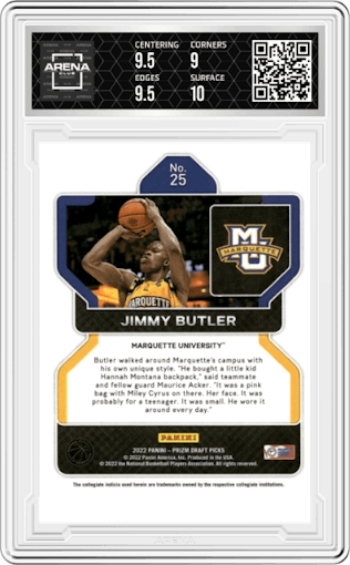 Jimmy Butler from the 2022-23 Panini Prizm Draft Picks set graded by Arena Club and given an overall grade of 9.5.