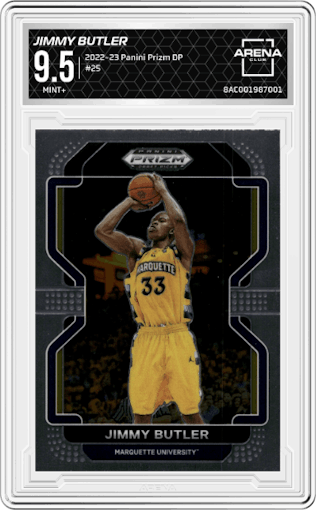Jimmy Butler from the 2022-23 Panini Prizm Draft Picks set graded by Arena Club and given an overall grade of 9.5.
