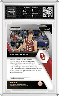 Austin Reaves from the 2021-22 Panini Prizm Draft Picks set graded by Arena Club and given an overall grade of 9.