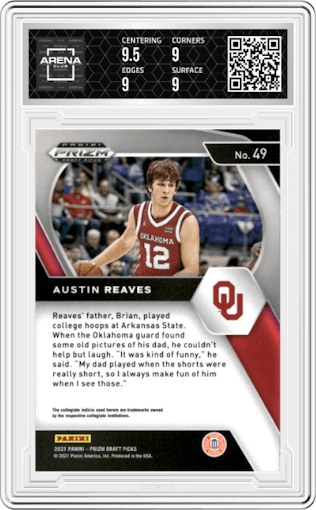 Austin Reaves from the 2021-22 Panini Prizm Draft Picks set graded by Arena Club and given an overall grade of 9.