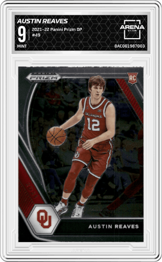 Austin Reaves from the 2021-22 Panini Prizm Draft Picks set graded by Arena Club and given an overall grade of 9.