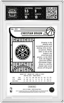 Christian Braun from the 2022-23 Panini NBA Hoops set graded by Arena Club and given an overall grade of 9.5.