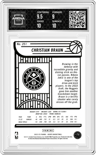 Christian Braun from the 2022-23 Panini NBA Hoops set graded by Arena Club and given an overall grade of 9.5.