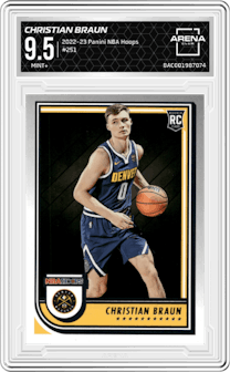 Christian Braun from the 2022-23 Panini NBA Hoops set graded by Arena Club and given an overall grade of 9.5.