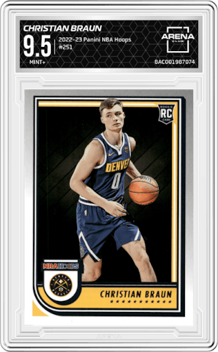 Christian Braun from the 2022-23 Panini NBA Hoops set graded by Arena Club and given an overall grade of 9.5.