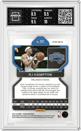 RJ Hampton from the 2021-22 Panini Prizm  set featuring a Ice Prizm parallel graded by Arena Club and given an overall grade of 9.
