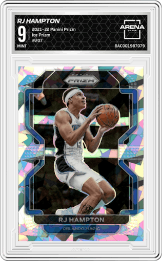 RJ Hampton from the 2021-22 Panini Prizm  set featuring a Ice Prizm parallel graded by Arena Club and given an overall grade of 9.