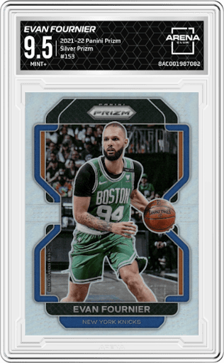 Evan Fournier from the 2021-22 Panini Prizm  set featuring a Silver Prizm parallel graded by Arena Club and given an overall grade of 9.5.