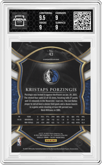Kristaps Porzingis from the 2020-21 Panini Select  set featuring a Blue Retail parallel graded by Arena Club and given an overall grade of 9.