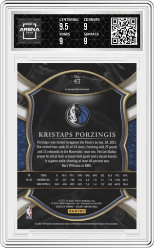 Kristaps Porzingis from the 2020-21 Panini Select  set featuring a Blue Retail parallel graded by Arena Club and given an overall grade of 9.