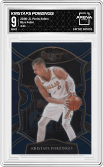 Kristaps Porzingis from the 2020-21 Panini Select  set featuring a Blue Retail parallel graded by Arena Club and given an overall grade of 9.