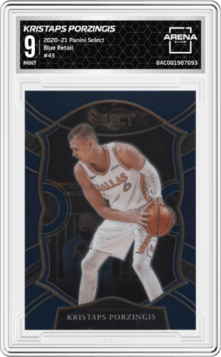 Kristaps Porzingis from the 2020-21 Panini Select  set featuring a Blue Retail parallel graded by Arena Club and given an overall grade of 9.