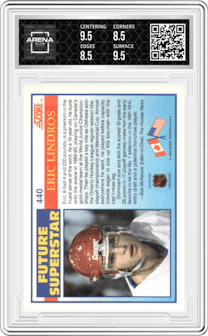 Eric Lindros from the 1990-91 Score set graded by Arena Club and given an overall grade of 9.